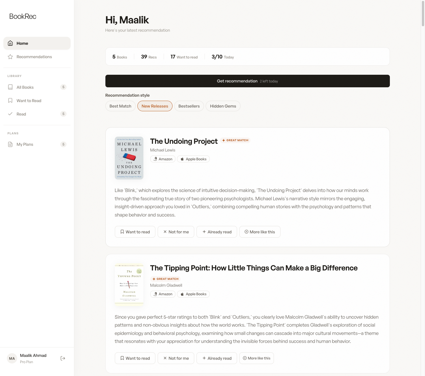 BookRecs.ai home screen