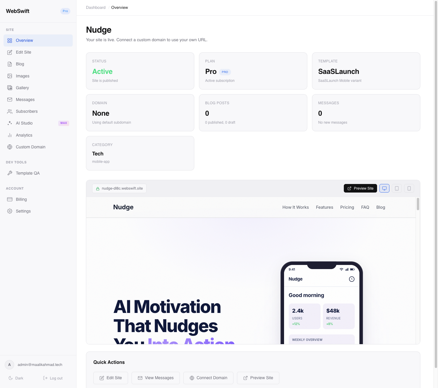 WebSwift site dashboard