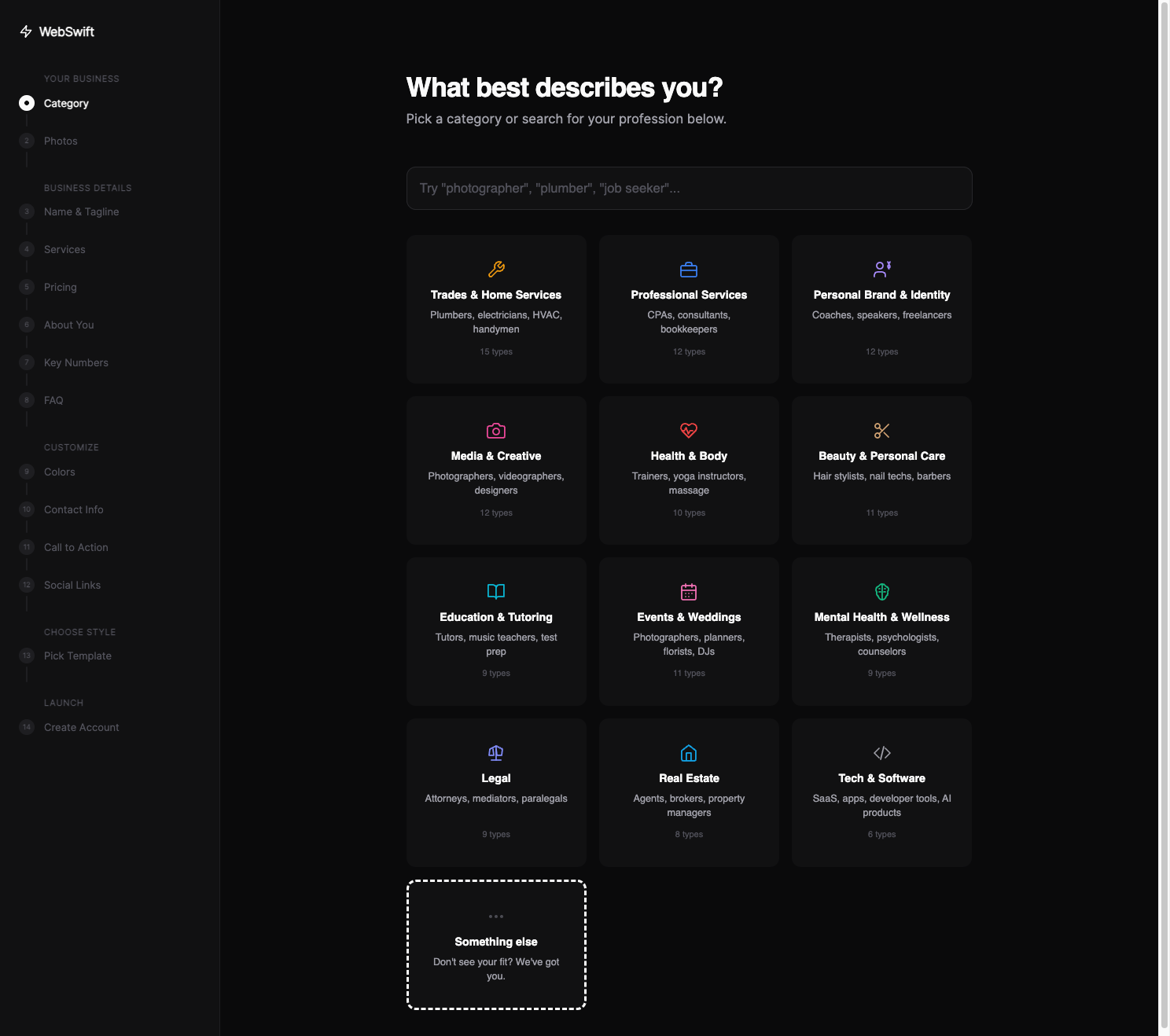 WebSwift questionnaire - pick your category